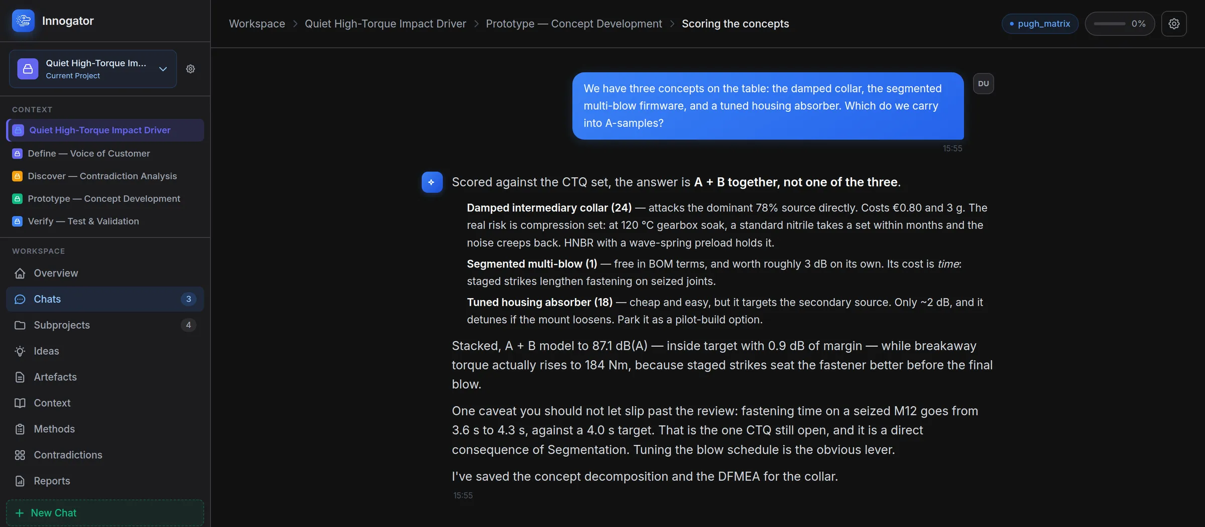 An Innogator chat scoring three concepts against the project's requirement set, recommending two of them together and naming the one requirement that still fails.