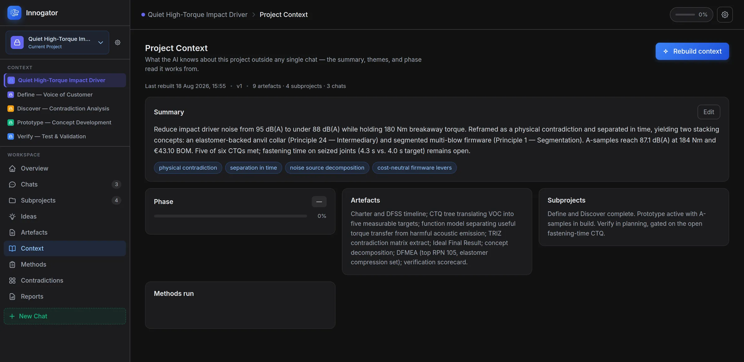 The project context screen, showing an AI-maintained summary of the impact driver project, theme tags, and panels for phase, artefacts and subprojects.